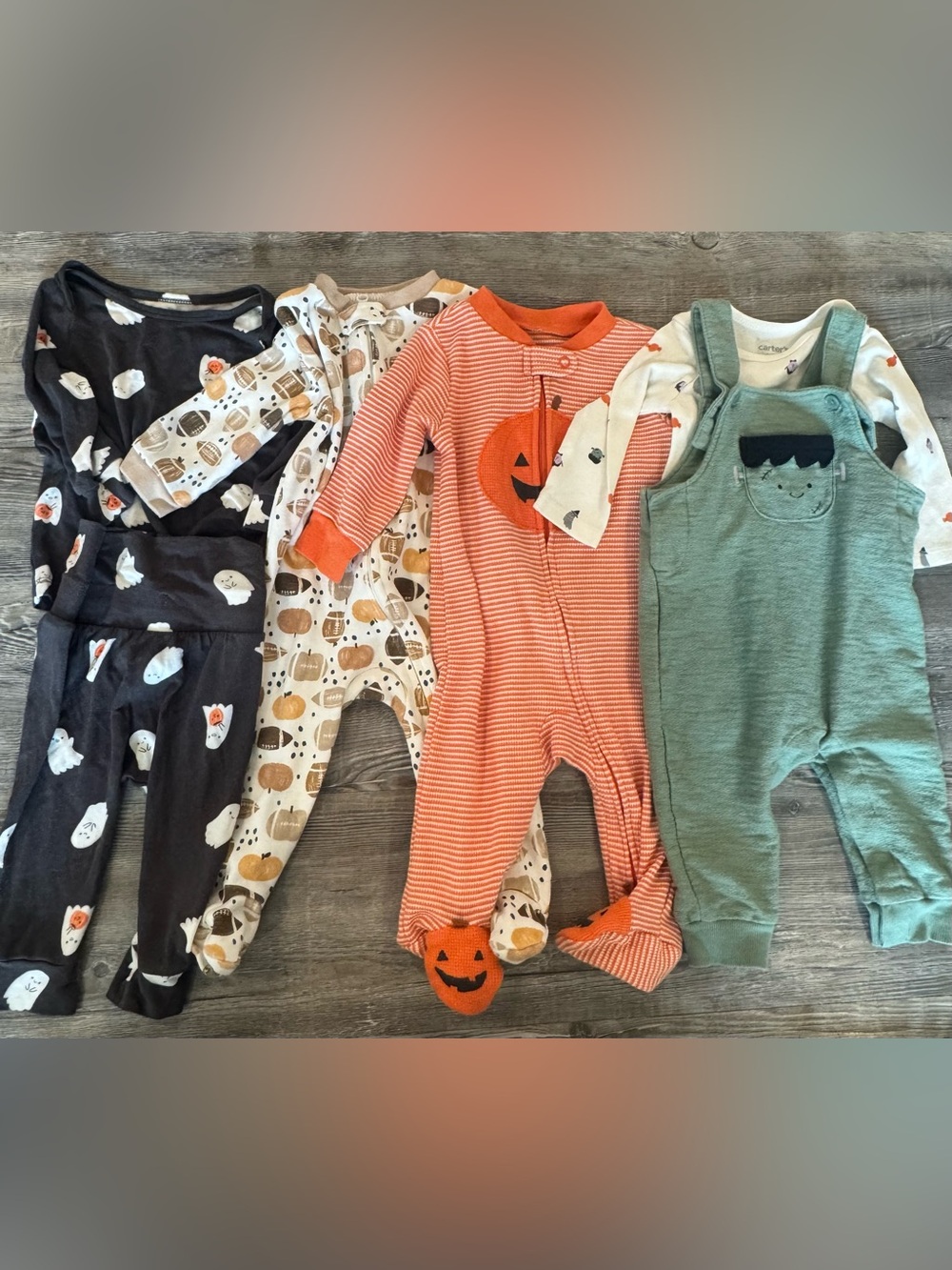 Carter's Green Frankenstein, Orange Pumpkin, Gray Ghosts, and Football Onsie